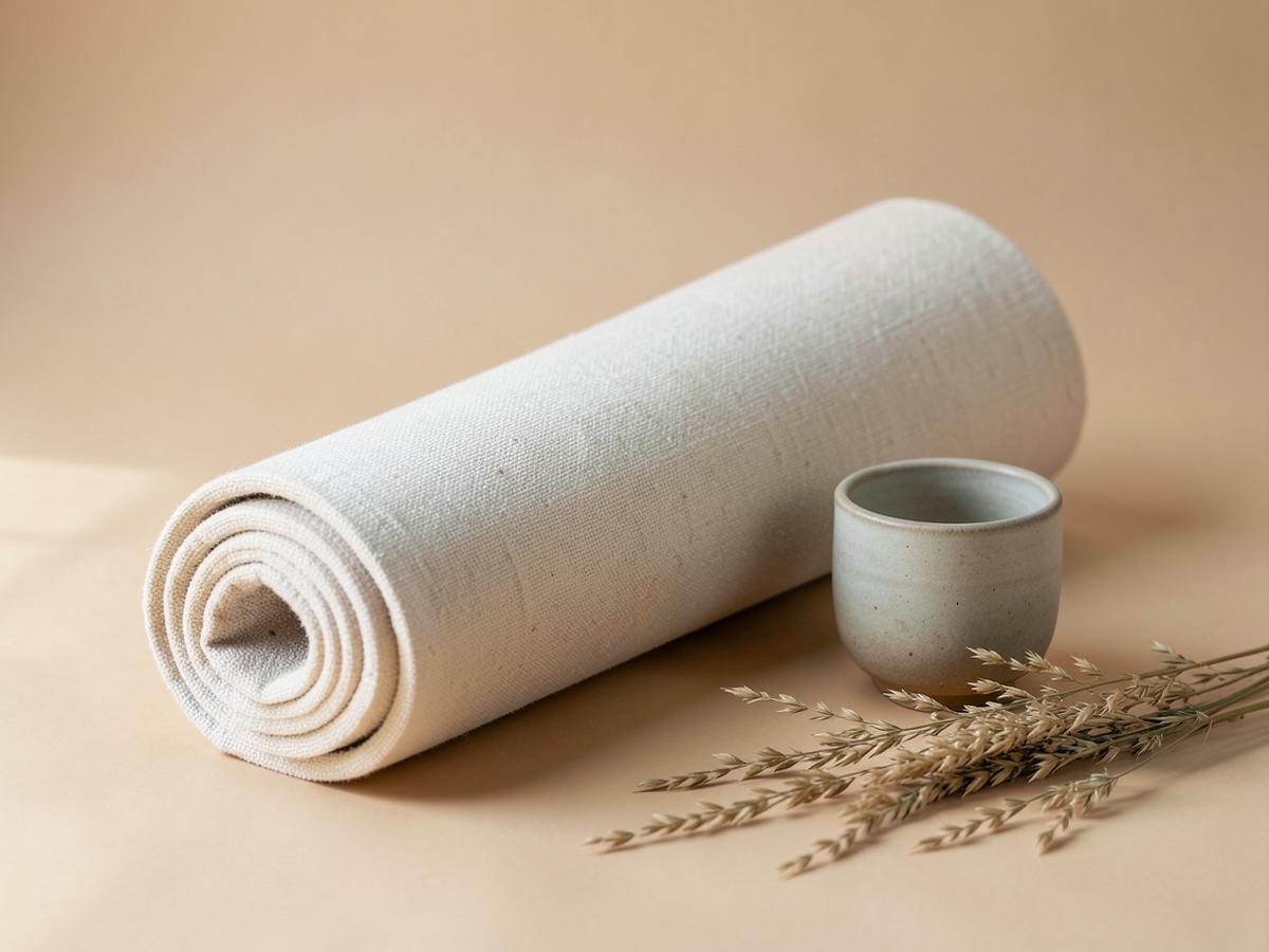 Rolled mat, ceramic cup and dried grass